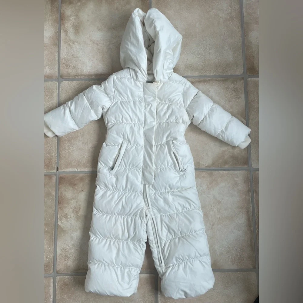 Ralph Lauren white down puffer snowsuit, pockets, lined, hooded; 18 mo